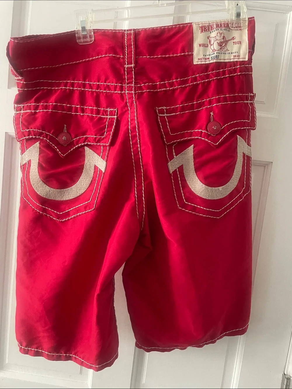 True Religion Red Men's Swim Hybrid Shorts with White Stitching